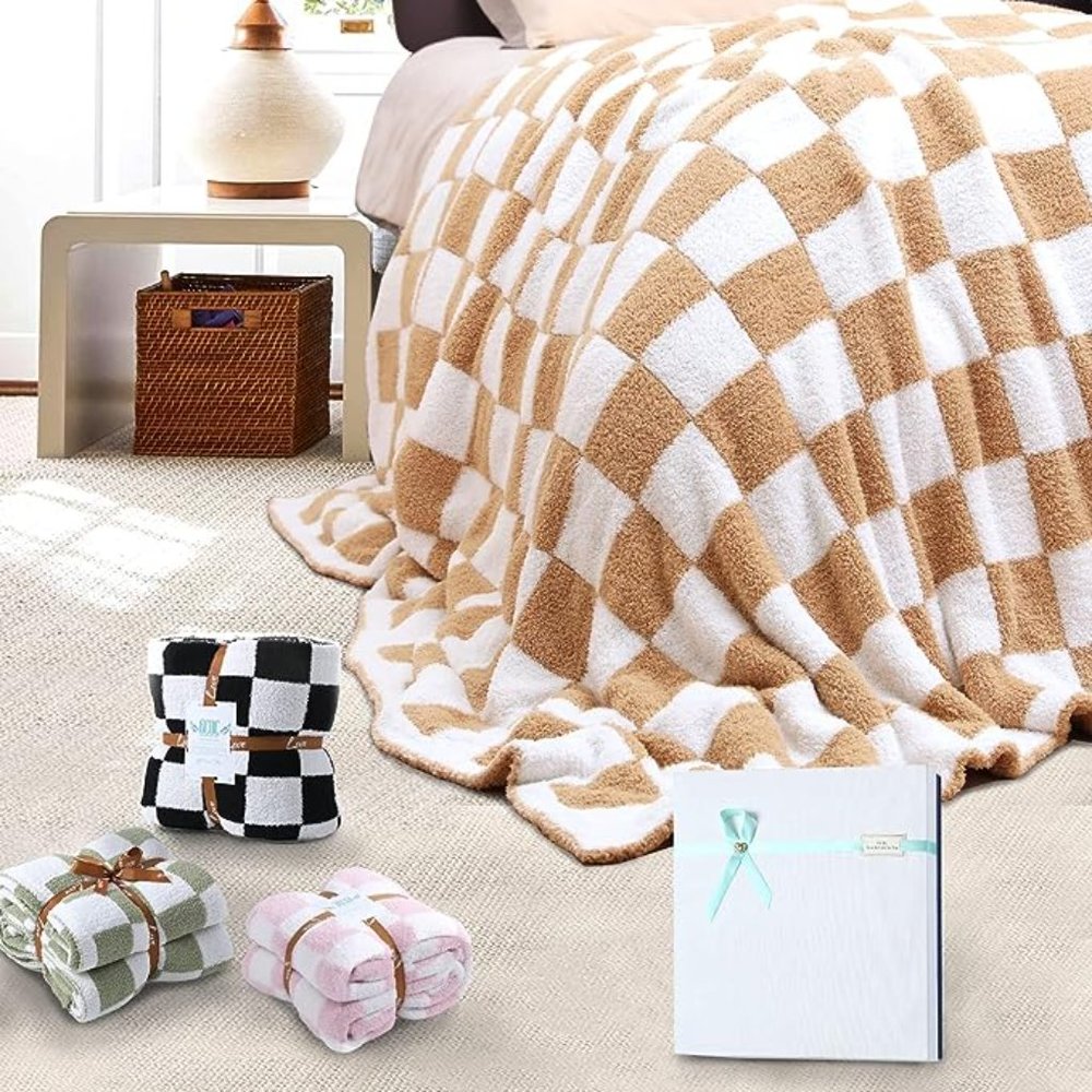 GCQC KHAKI Checkered Throw Blanket, Knitted Checkerboard Grid 60X80 NEW